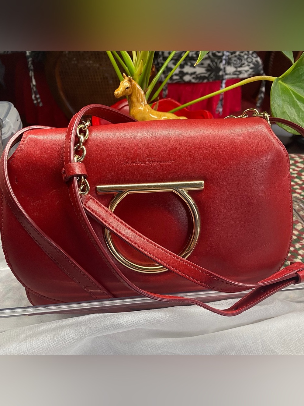 Salvatore Ferragamo Red Leather Crossbody with Gold Gancini Vela Ring Crossbody